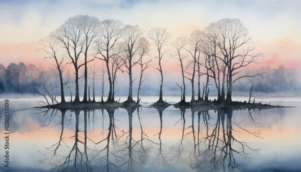 Silhouettes of bare trees stand tall against a soft pastel sky at twilight, their reflections mirroring delicately on the smooth water's surface in a serene landscape. Silhouettes of bare trees stand tall against a soft pastel sky at twilight, their reflections mirroring delicately on the smooth water's surface in a serene landscape.