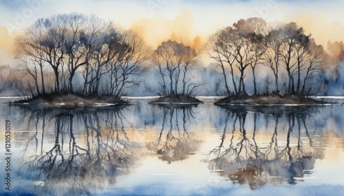Bare tree silhouettes stand on small islands, their reflections shimmering in the calm water as dusk sets in, creating a serene atmosphere filled with soft light.