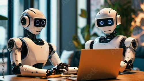 Robot working on laptop at office