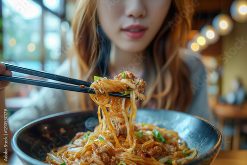 Young woman enjoying delicious stir-fried noodles in cozy restaurant setting