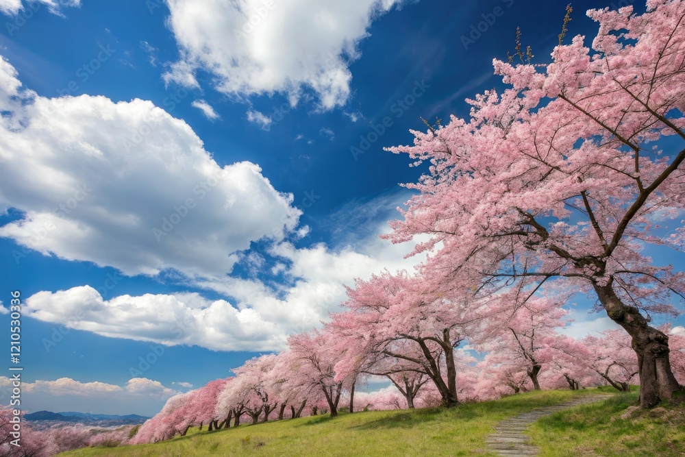 A stunning array of cherry blossoms in various stages of bloom fills the entire canvas against a brilliant blue spring sky with fluffy white clouds, cherry blossom, vibrant pink, colorful flowers A stunning array of cherry blossoms in various stages of bloom fills the entire canvas against a brilliant blue spring sky with fluffy white clouds, cherry blossom, vibrant pink, colorful flowers