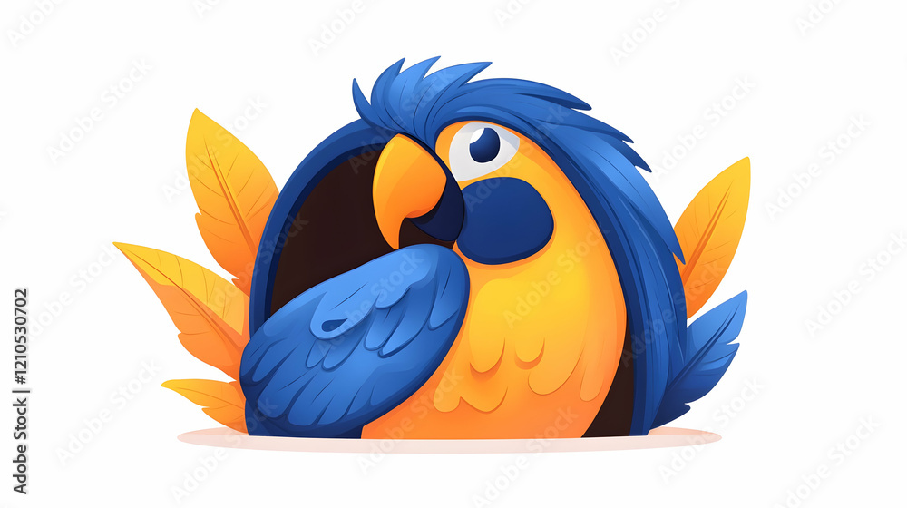 Obraz premium Blue-yellow parrot peeking from tropical leaves; children's book illustration
