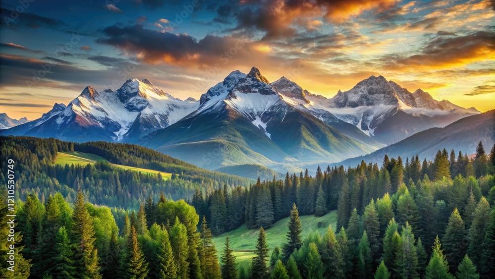 Obraz premium A stunning mountain landscape at sunrise with snow-capped peaks and a vast expanse of green forests, landscapes, outdoor photography, natural scenery, snow, sunrise