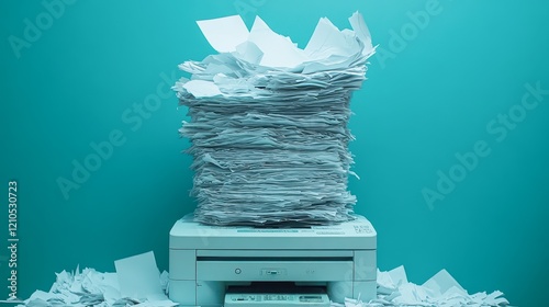 A cluttered desk with a copious stack of unorganized papers surrounding a printer, representing high-volume printing tasks or disorganization in an office setting photo