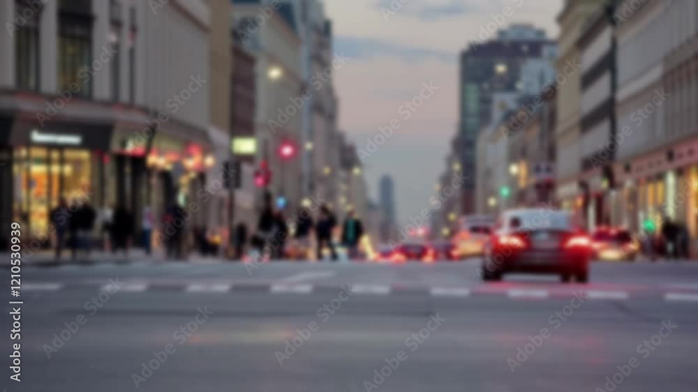 Out-of-focus time lapse view of a city intersection full of cars and people passing by