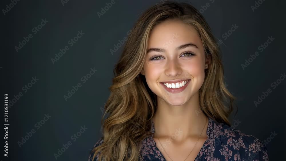 A bright smile lights up the room as a young woman poses with confidence against a dark backdrop during a joyful moment of self-expression. Concept of dentistry and healthy teeth A bright smile lights up the room as a young woman poses with confidence against a dark backdrop during a joyful moment of self-expression. Concept of dentistry and healthy teeth