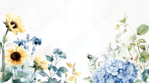 Fototapeta Naklejka Na Ścianę i Meble -  Watercolor painting of sunflowers and hydrangeas.