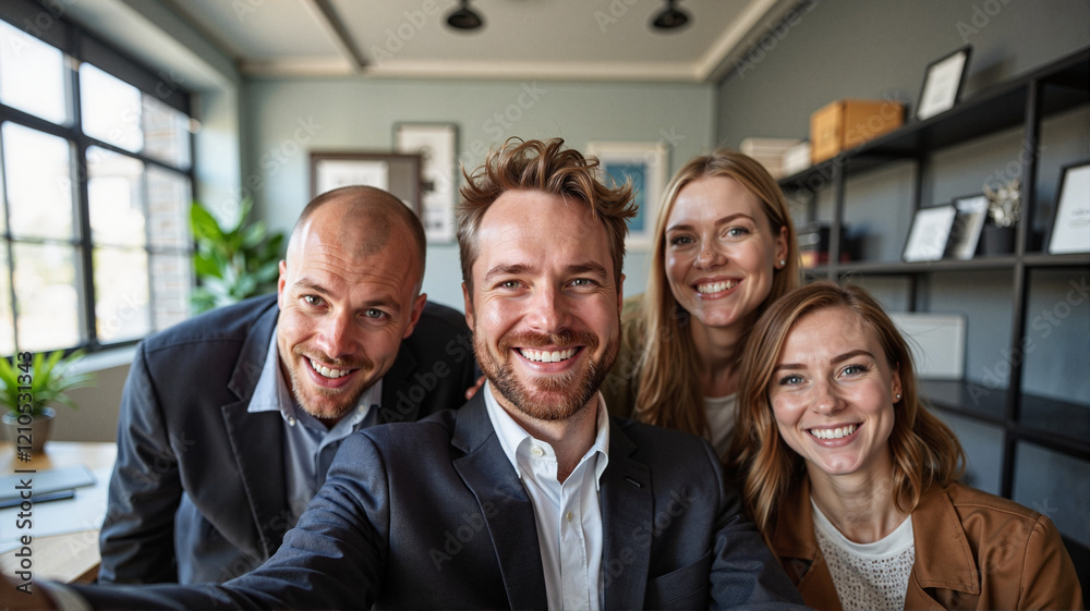 Obraz premium Group of coworkers smiling while taking a selfie in modern office, teamwork