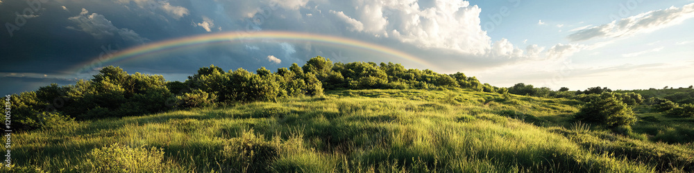 Fototapeta premium Grassland Hill with Rainbow and Trees