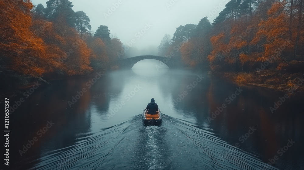 Fototapeta premium Solo autumn canoeing, misty lake, arched bridge