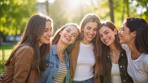 Group of friends laughing joyfully outdoors in spring park, togetherness