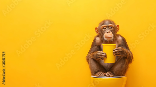 Chimpanzee holding yellow container on yellow toilet against yellow background; funny animal image for advertising photo