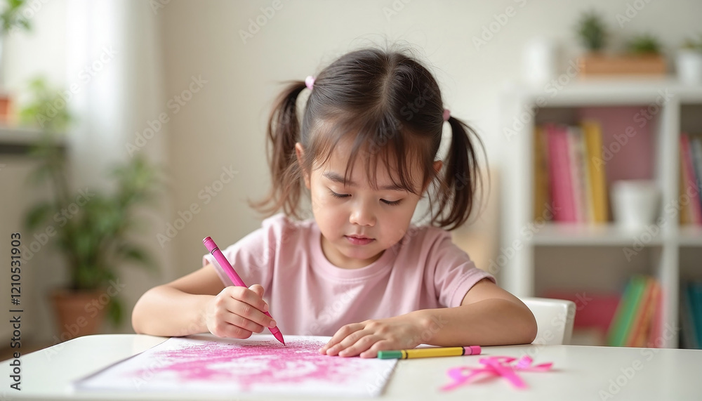 Child drawing cancer awareness symbol with crayons for World Cancer Day concept Child drawing cancer awareness symbol with crayons for World Cancer Day concept