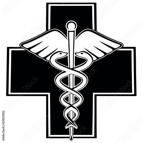 Medical symbol, caduceus, cross, black and white, line drawing, simple design, healthcare icon.