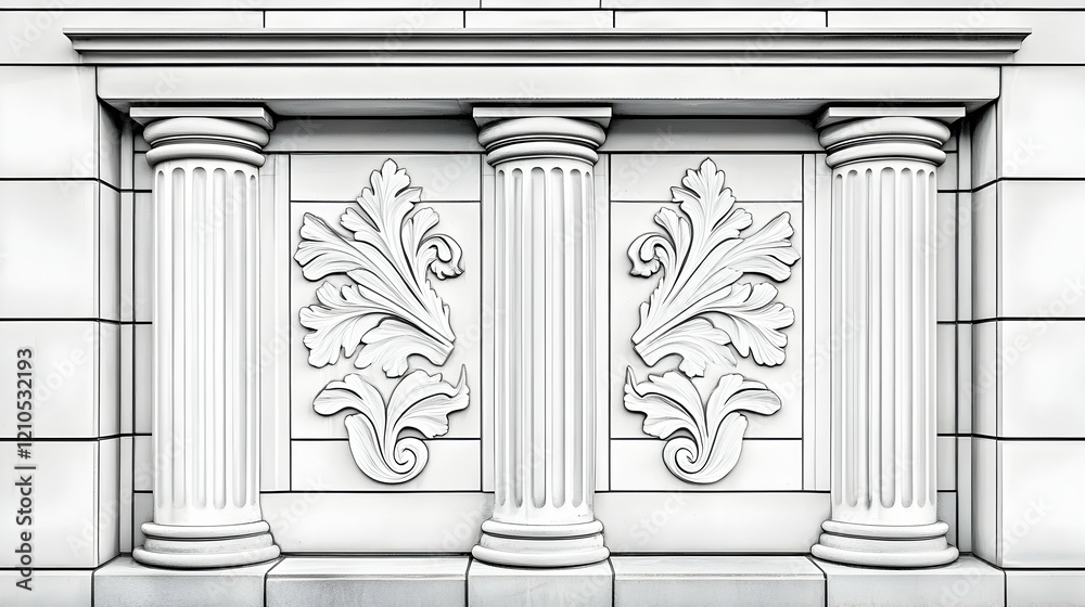Obraz premium Classical columns and acanthus leaf carvings on a building facade; architectural detail for design inspiration