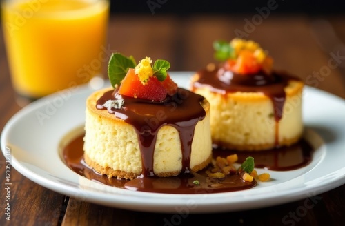 Curd cheesecakes decorated with chocolate paste on a white plate on a wooden table. Healthy breakfast with cottage cheese