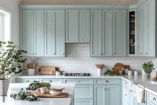 A coastal kitchen with light blue cabinetry, white countertops, and soft wooden textures