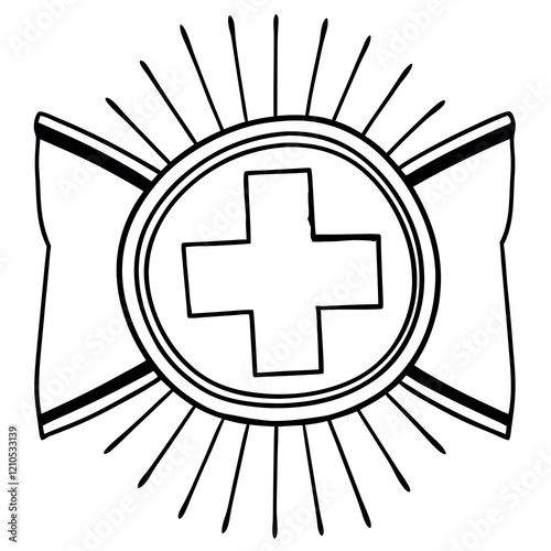 First aid kit, medical supplies, emergency box, white cross symbol, black and white sketch, simple line drawing, Icon of a First Aid Kit.