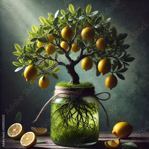 A tiny lemon tree growing above the transparent jar, with roots inside of green water, some lemons are on the wooden table