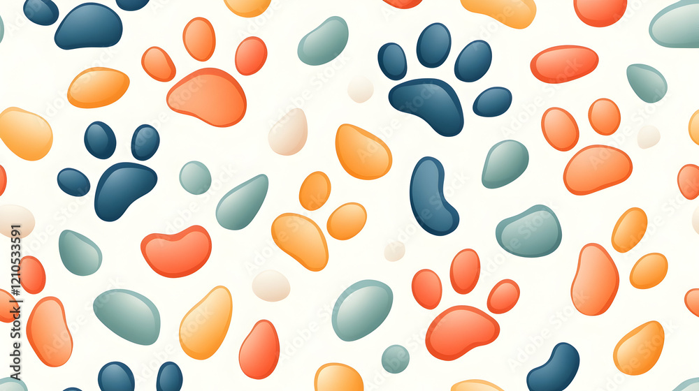 Fototapeta premium Colorful paw prints and pebbles seamless pattern background for pet-related designs