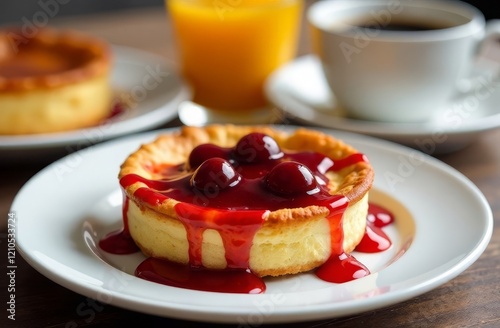 Wallpaper Mural Curd cheesecakes decorated with cherry jam on a white plate on a wooden table. Healthy breakfast with cottage cheese Torontodigital.ca