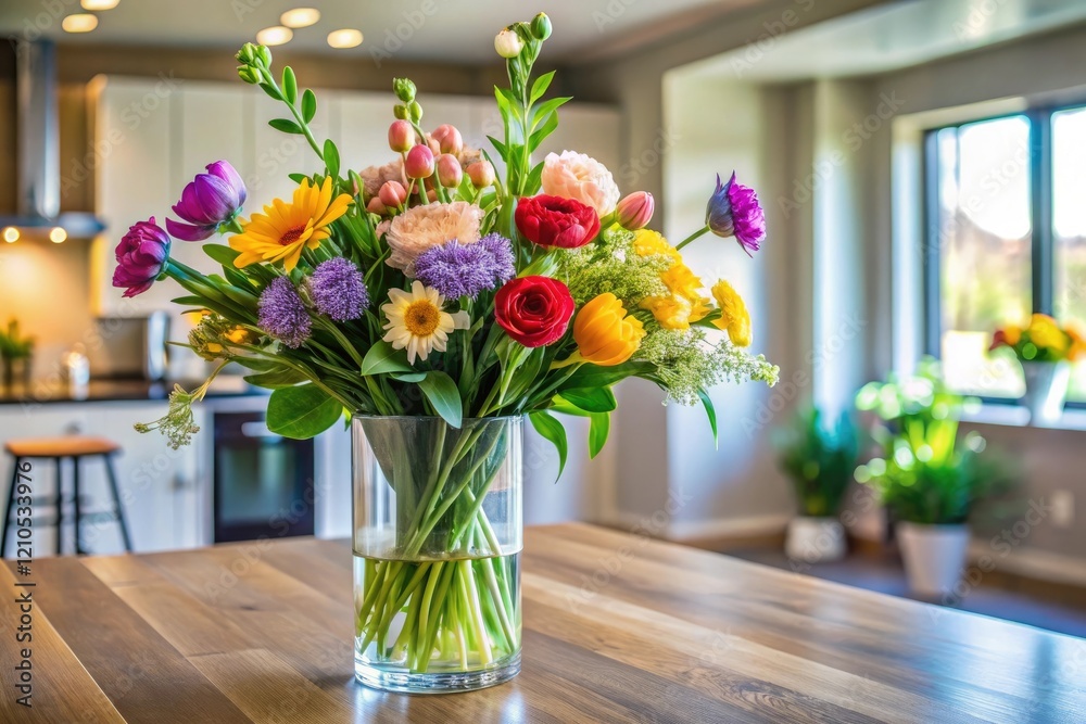 Fototapeta premium A vase filled with fresh colorful flowers and greenery in a modern home decor setting, decor, arrangement, home