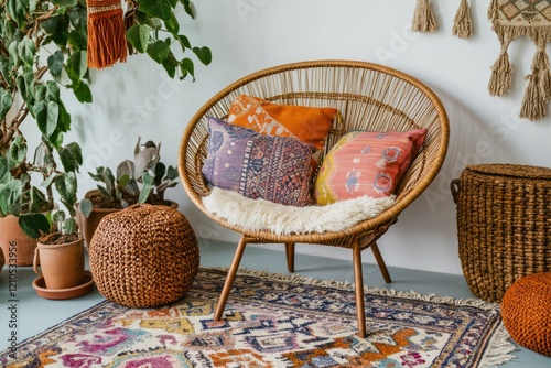 A cozy bohemian corner with a wicker chair, colorful throw pillows, and a vibrant kilim rug underfoot