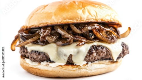A gourmet mushroom and Swiss cheese burger topped with caramelized onions and aioli, Each layer of burger juicy and flavorful, Set against an isolated white background to highlight its gourmet twist 