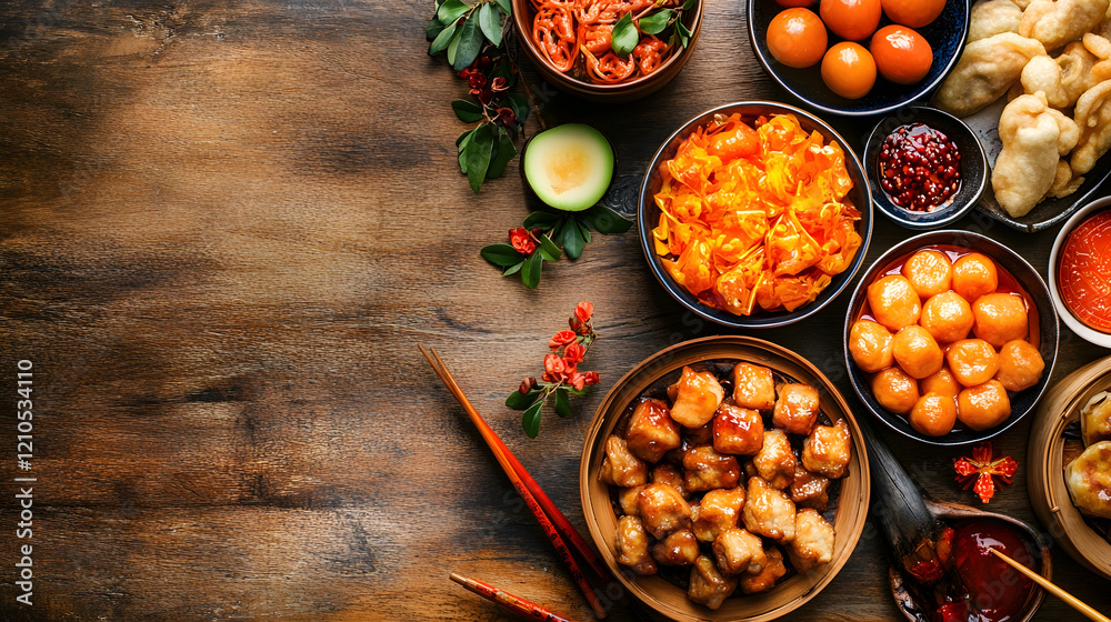 Fototapeta premium Variety of Traditional Asian Dishes on Rustic Wooden Table Gourmet Cuisine Presentation : Generative AI
