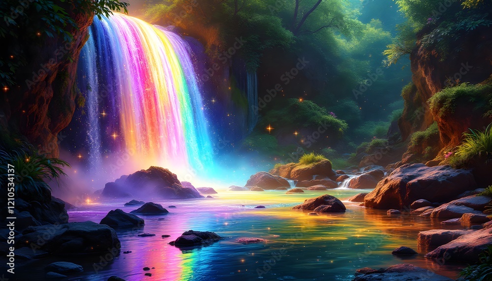 Obraz premium Magical Rainbow Waterfall Landscape Fantasy Art