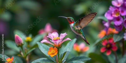 Broad billed hummingbird perched on a vibrant purple flower with a lush green background, showcasing its colorful feathers and blending seamlessly with the surroundings, nature, flowers, feathers photo