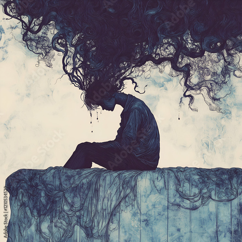 A lonely person sits on the edge of a bed, surrounded by swirling thoughts and emotions. Depression and stress concept.