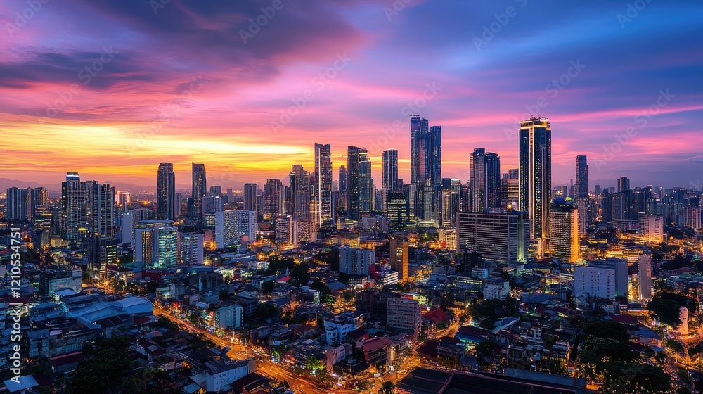 Fototapeta premium A panoramic shot of a dense urban skyline at dusk, with tall skyscrapers lit up against the darkening sky and a lively cityscape illuminated below.