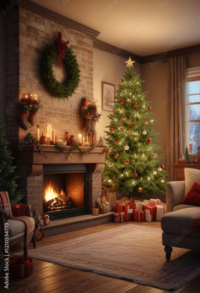 Naklejka premium A warm and cozy living room with a Christmas tree and a fireplace, filled with festive holiday decorations, winter wonderland, warm glow, holiday decor