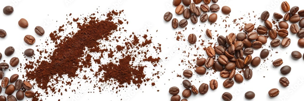 Flat lay composition of ground coffee and coffee beans on white background with room for text or design, texture, ground coffee, background Flat lay composition of ground coffee and coffee beans on white background with room for text or design, texture, ground coffee, background