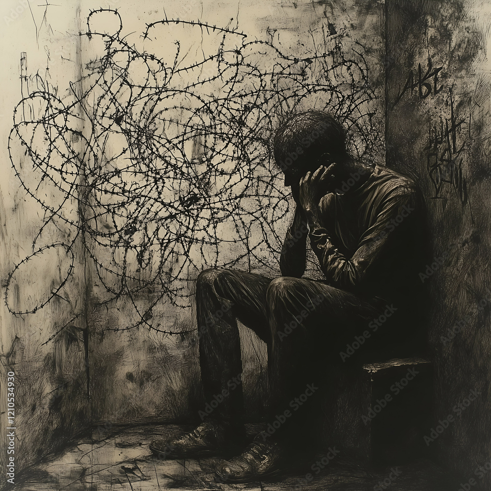 A person sits in a small, cramped room with walls covered in scribbled thoughts, fears, and anxieties. A person sits in a small, cramped room with walls covered in scribbled thoughts, fears, and anxieties.