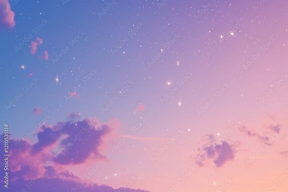 Fototapeta premium A dreamy gradient sky blends blue, purple, and pink tones with scattered sparkling stars, creating ample negative space suitable for text overlays in a stylish cosmic theme