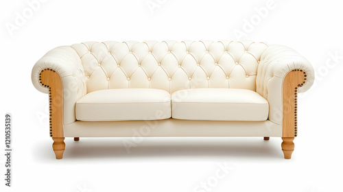 Cream leather Chesterfield sofa, wooden legs, white background, home interior design photo