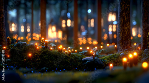 Enchanting Night Forest Glowing Candles  Mossy Ground  Mysterious Background Lights