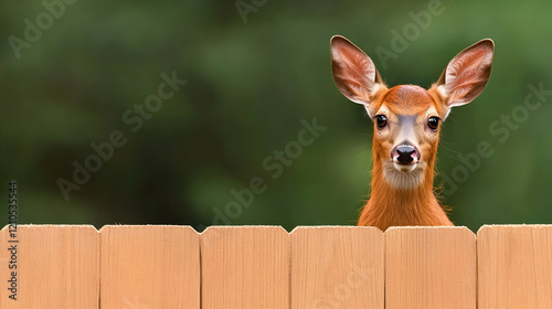 Curious fawn peeking over wooden fence in backyard, green foliage background. Perfect for nature, wildlife, or children's book illustrations
