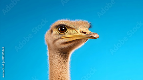 Curious ostrich portrait, blue background, wildlife photography, ideal for advertising photo