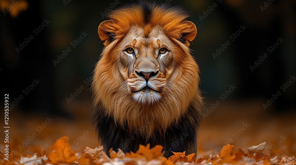 Fototapeta premium Majestic male lion in autumn leaves.