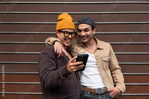 Colombian gay couple sharing a joyful moment outdoors photo