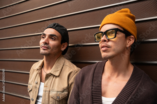 Casual urban gay couple standing against metal wall photo