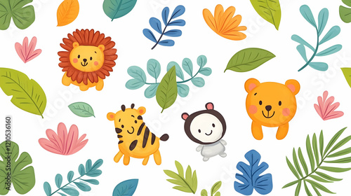 Cute jungle animals and tropical leaves pattern; ideal for kids' clothing, fabrics, or wallpaper