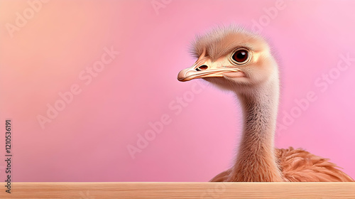 Cute ostrich chick peeking over wooden surface, pink background, studio shot, ideal for children's book illustrations photo