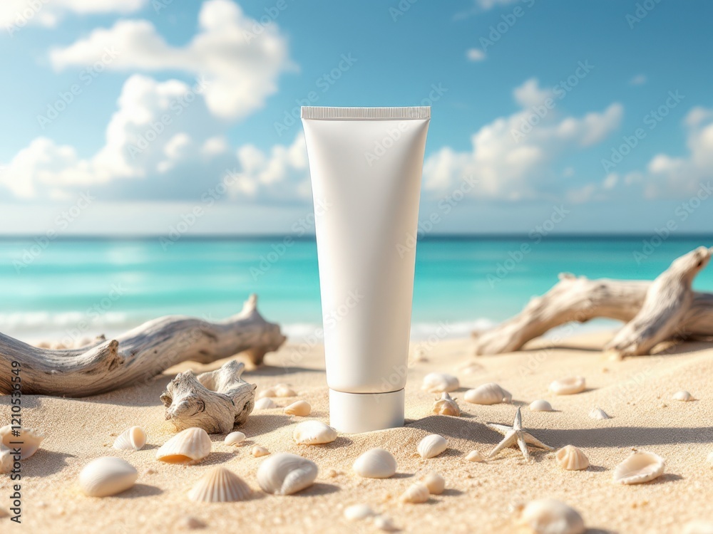 Sunscreen tube on sandy beach surrounded by seashells and driftwood under blue sky Sunscreen tube on sandy beach surrounded by seashells and driftwood under blue sky