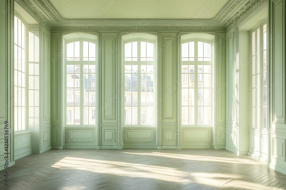 Fototapeta premium Parisian Elegance A Luxurious Mint Green Room with Sunlit Grace