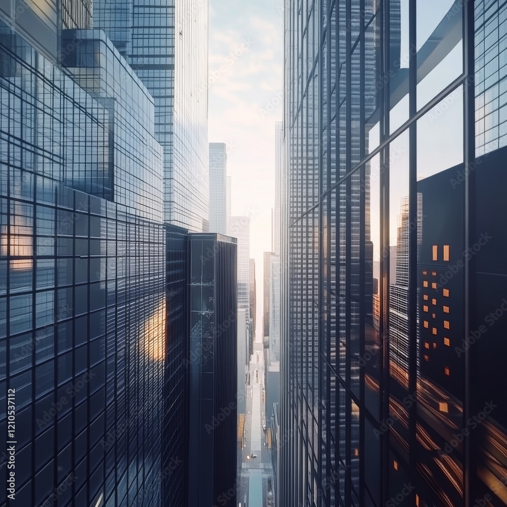 Obraz premium A modern metropolis with sleek skyscrapers seen in slight perspective, it is 1 PM afternoon, we can't see the sun, there is no clound in an ultra realistic version in 4k