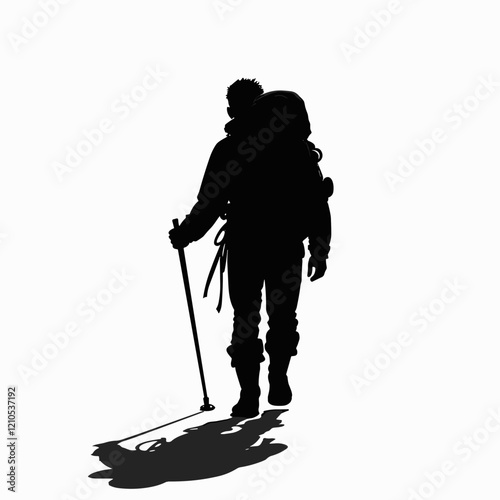 Silhouette of a hiker trekking with a walking stick